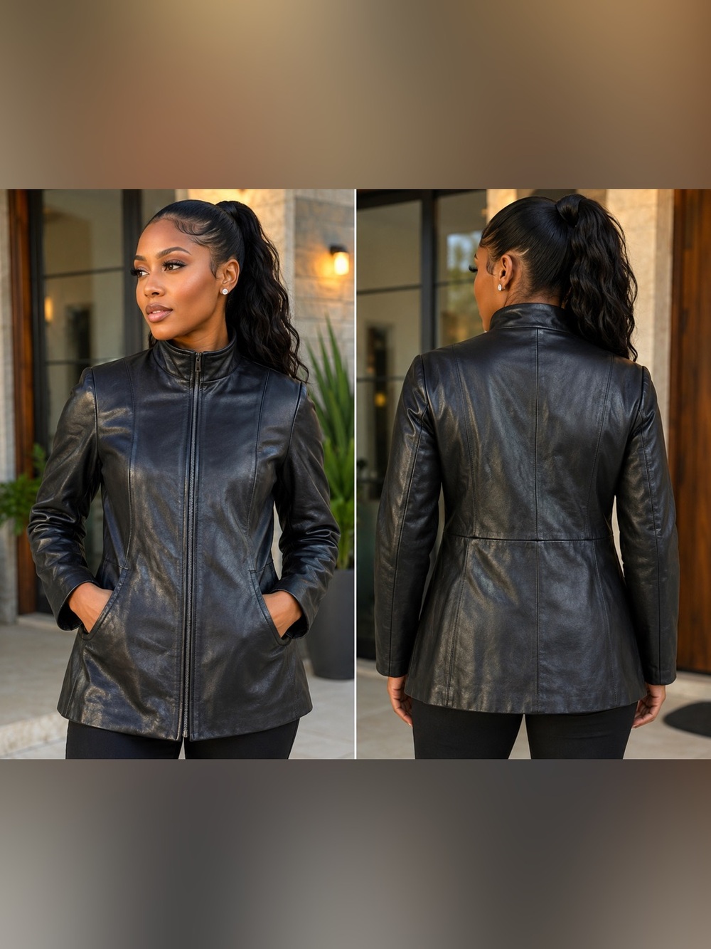 Worthington Black Leather Zip-Front Jacket with Stand Collar